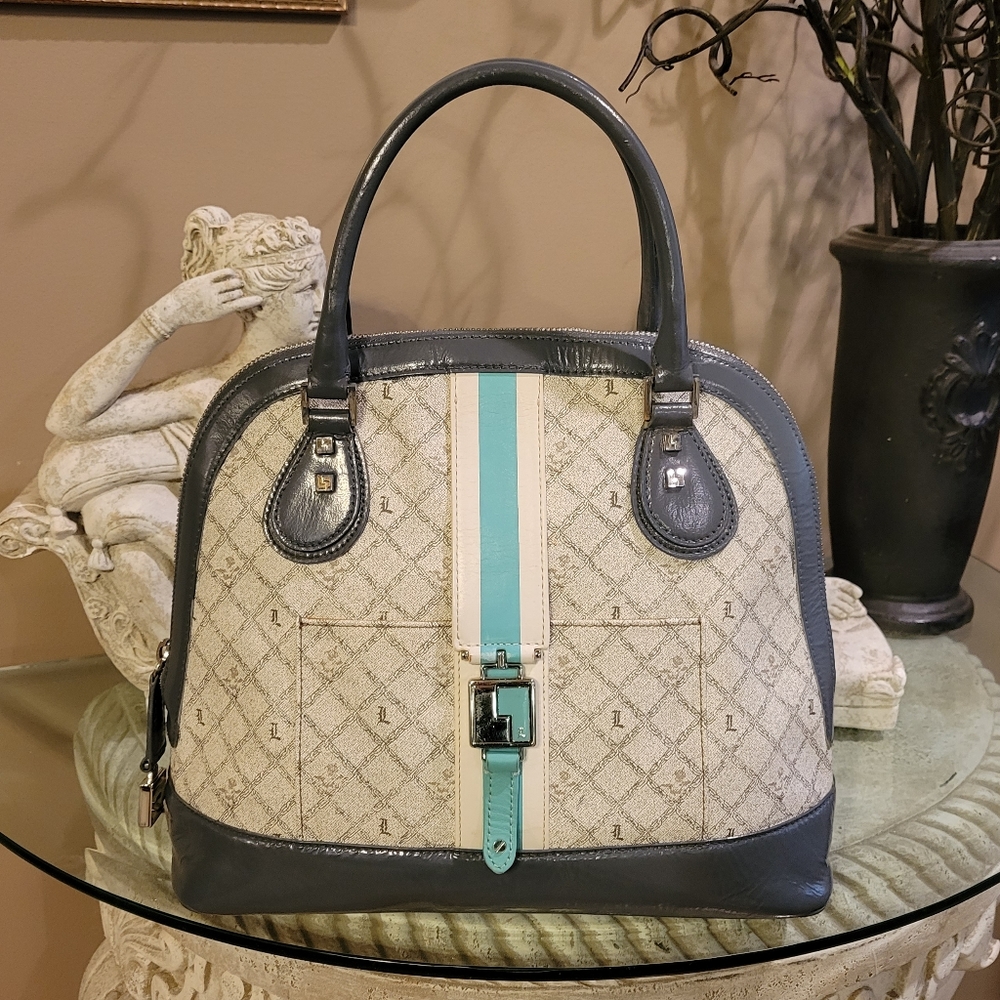 L.A.M.B. by Gwen Stefani Kingston Shadow Bowler Bag Leather Blue Stripe #427